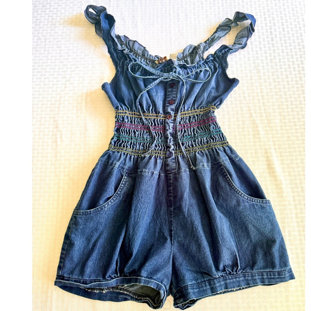 Gold Flava Vintage Y2K Denim Romper XL Rainbow Smocked Waist Ruffle Cottagecore